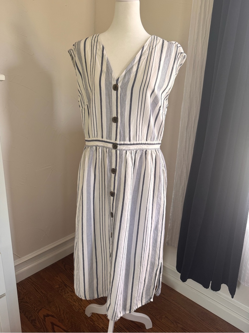 LOFT White and Blue Vertical-Strip Midi Dress